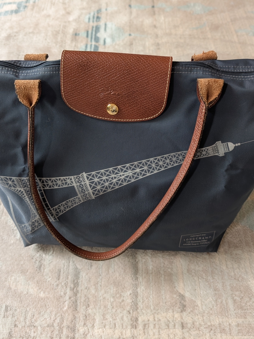 Longchamp Le Pliage Eiffel Tower Grey Tote with Brown Leather Trim, Large